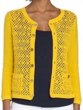 Tory Burch Crochet Cardigan Sweater Yellow Size Small